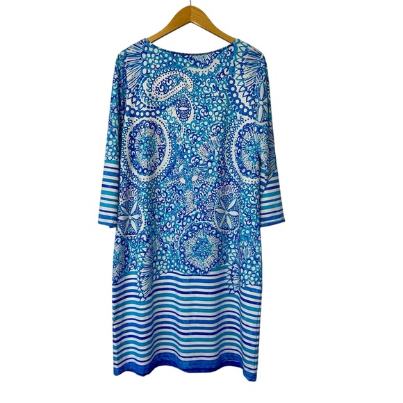 TANGO MANGO Smooth Stretch Shift Dress Size Large Blue White Floral 3/4 Sleeve - Picture 2 of 9